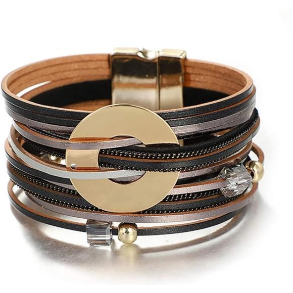 Boho Leather Wrap Bracelet, Wide Multilayer Braided Cuff - Picture 3 of 6
